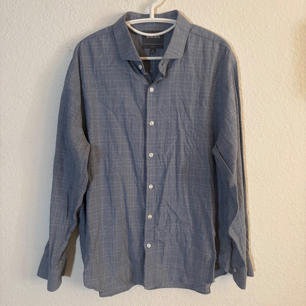 Bonobos Button Down Shirt Mens XL Short Blue Grid Slim Fit 22648-BNB56